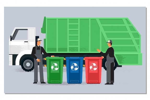 Two garbagemen working together on emptying dustbins for trash removal