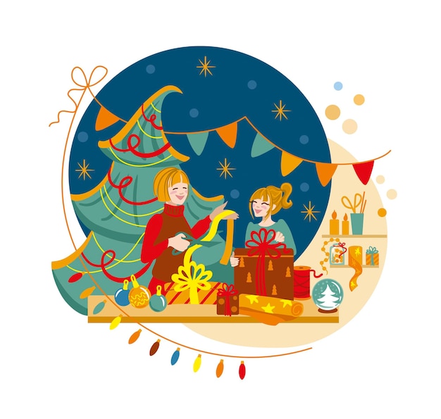 Two girlfriends are packing gifts and getting ready for christmas Christmas illustracion