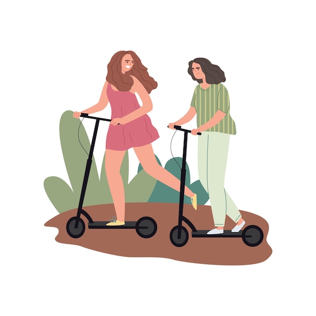 Two girlfriends ride scooters Happy women talk and relax while enjoying the good weather Active time spent with loved ones in nature Vector flat illustration isolated on white background