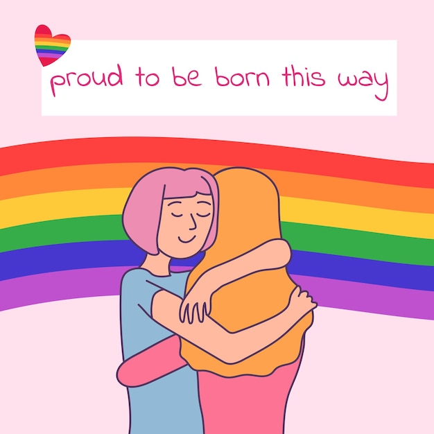 Two girls are hugging on rainbow flag background Celebration LGBT Pride month concept