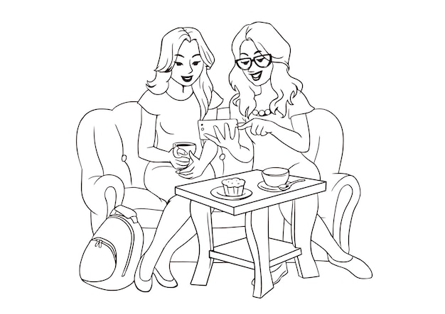 Two girls are sitting on the couch and looking at phone Meeting with a friend at home Black line