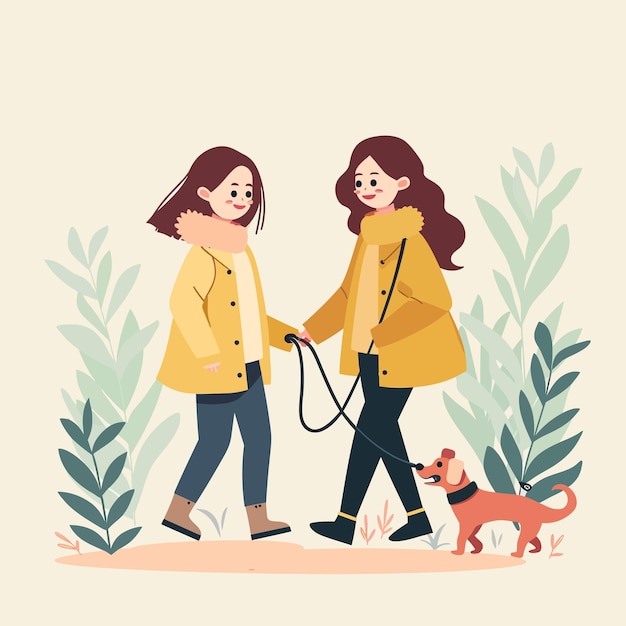 Vector two girls are walking with a dog and the picture of a dog