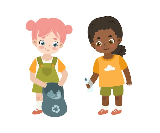 Vector two girls collect plastic bottles in garbage bag together.