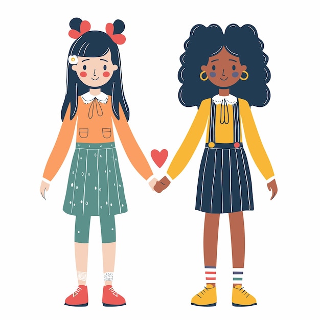 Two girls holding hands diverse friendship Asian African American characters casual clothing