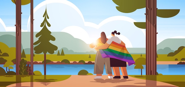 two girls holding lgbt rainbow flag gay lesbian love parade pride festival transgender love concept landscape background horizontal full length vector illustration