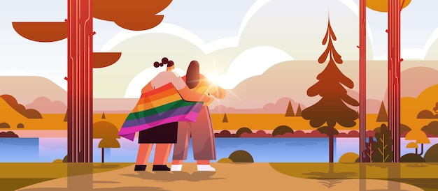 two girls holding lgbt rainbow flag gay lesbian love parade pride festival transgender love concept landscape background horizontal full length vector illustration