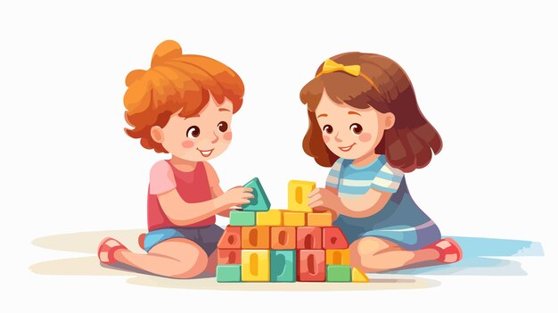 Vector two girls playing with paints and toy building blocks