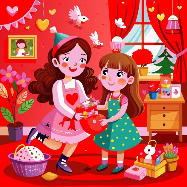 two girls in a room with a heart shaped box with a heart on it