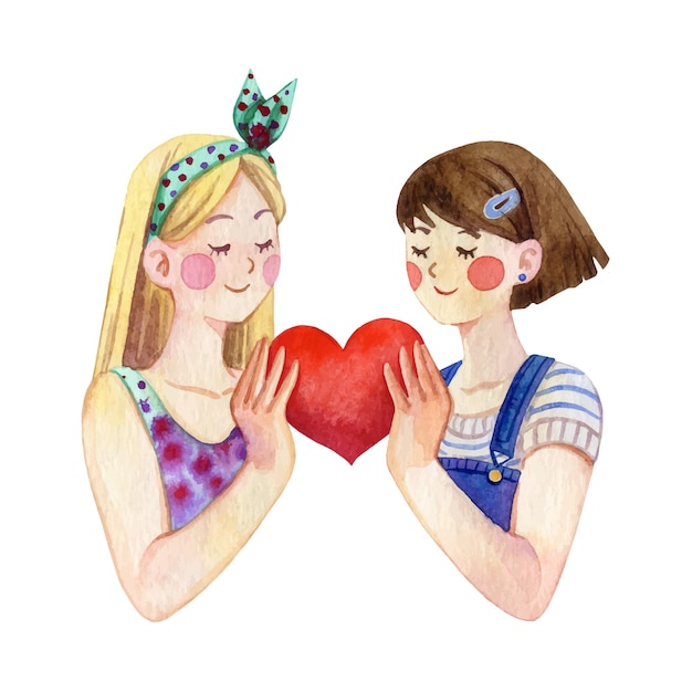 Two girls with heart symbol of love and friendship watercolor clipart isolated on white background