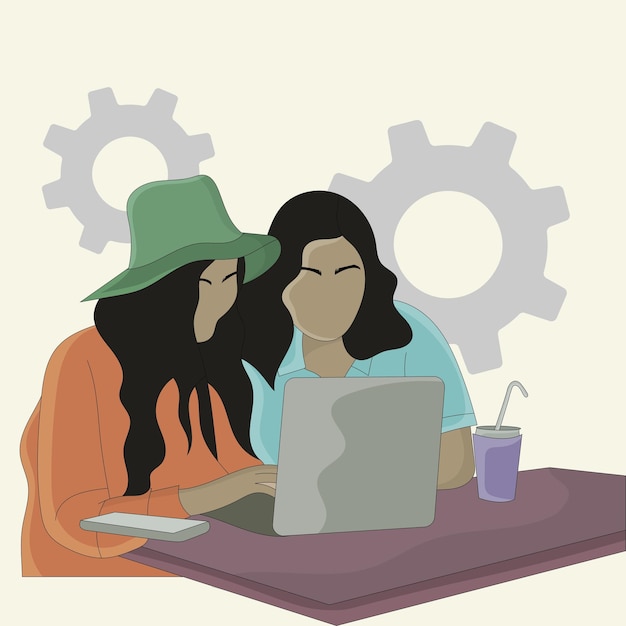 two girls working on laptop flat design