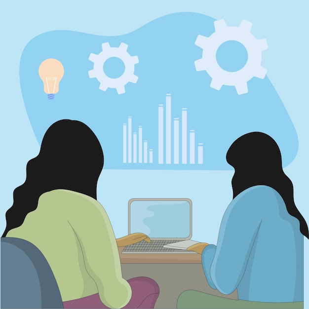 two girls working on project discussion flat design