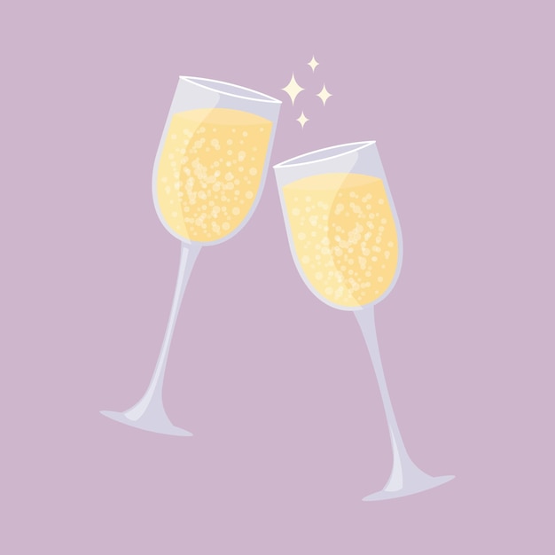 Two glasses of champagne clink. Sparkling wine isolated. Romantic date or holiday celebration. Vector illustration.