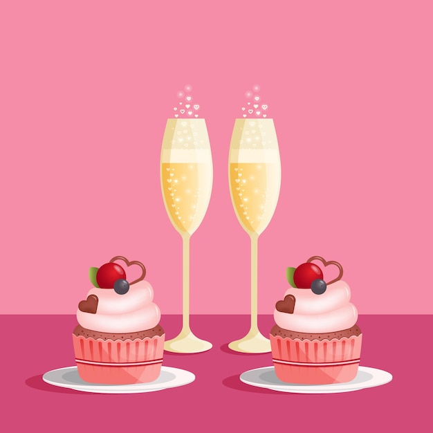 Two glasses of champagne and cupcakes Love concept vector illustration