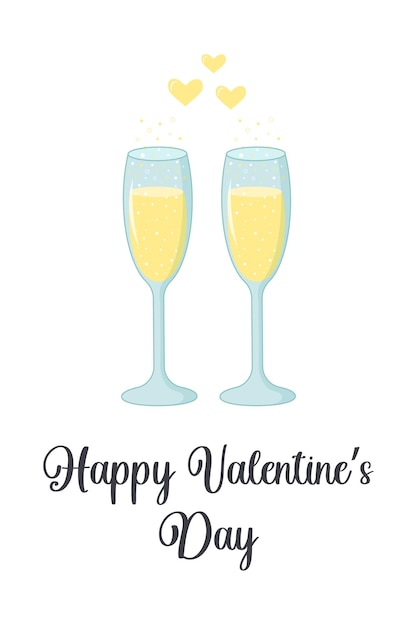 Two glasses of champagne with sparkling bubbles and yellow hearts Happy Valentine's Day quote