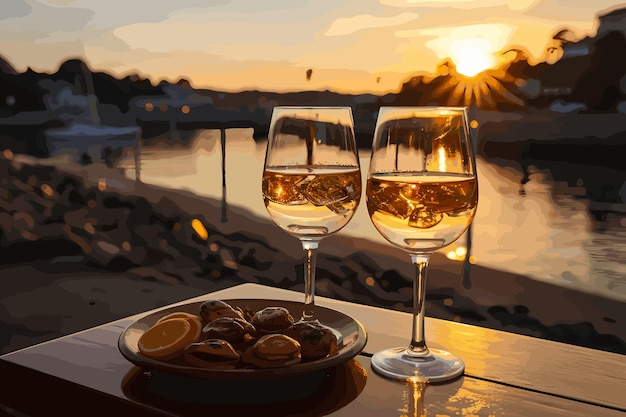 two glasses and sunset in the beach on vector and illustration art