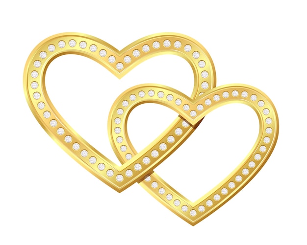 Two golden heart with shiny diamonds linked together