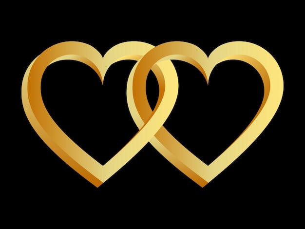 Two golden hearts linked together on a black background Design element Vector illustration