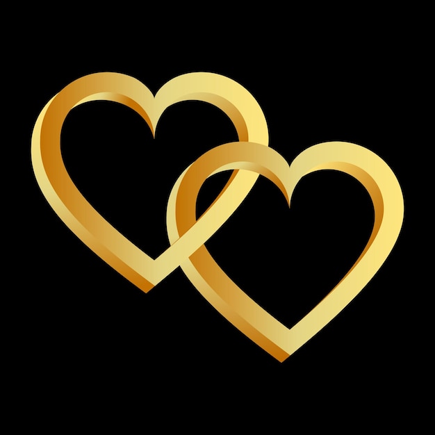 Two golden hearts linked together on a black background Design element Vector illustration