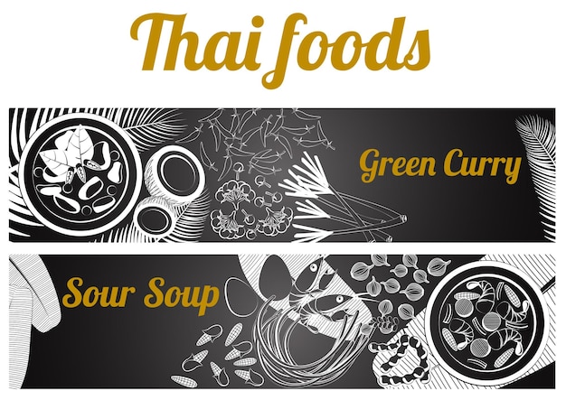 Two gray scale black and white Thai delicious and famous food banner