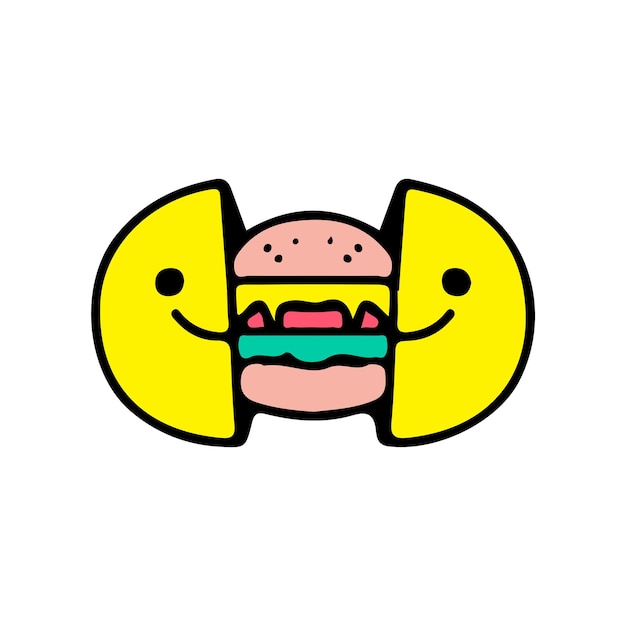 Two half of smile face with cheeseburger inside. Illustration for street wear, t shirt, poster.