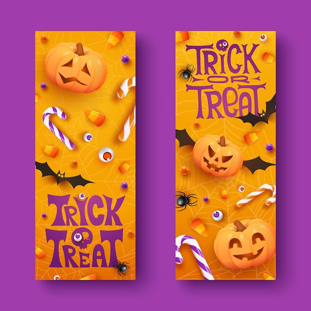 Two Halloween horizontal banners with candies spiders bats and pumpkins on orange background