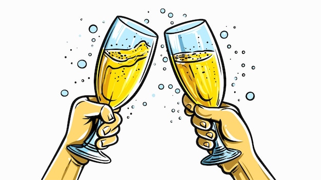 Vector two hand cheers champagne line art style vector illustration