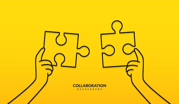 Two hand holding jigsaw puzzle to complete mission on yellow background Business solution concept