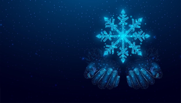 Vector two hands are holding a snowflake wireframe glowing low poly design on a blue background