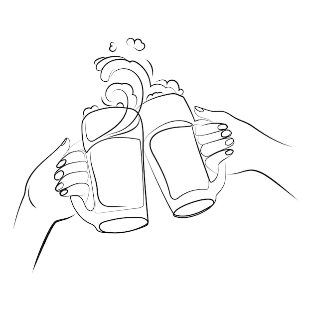 Two hands clinking beer mugs with a splash of foam Line drawing illustration.Hands with beer mugs