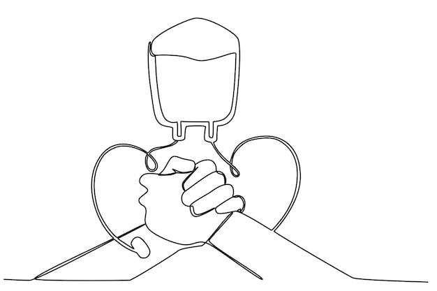 Two hands donate blood while shaking World blood donor day oneline drawing