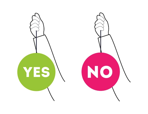 Two hands hold two Yes or No tables Make a choice yes or no Line vector illustration