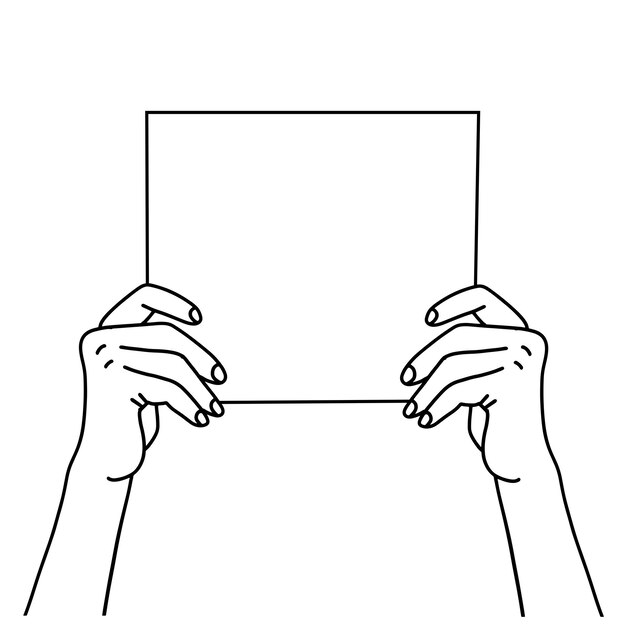 Vector two hands holding a blank paper sheet hand drawn linear vector illustration of a hands showing blank...