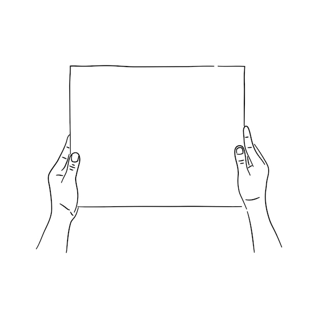 Vector two hands holding a blank paper sheet hand drawn linear vector