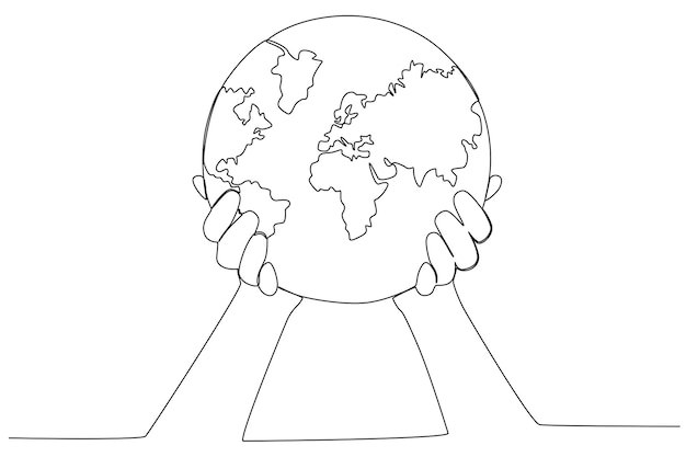 Two hands holding the earth globe in earth day one line art