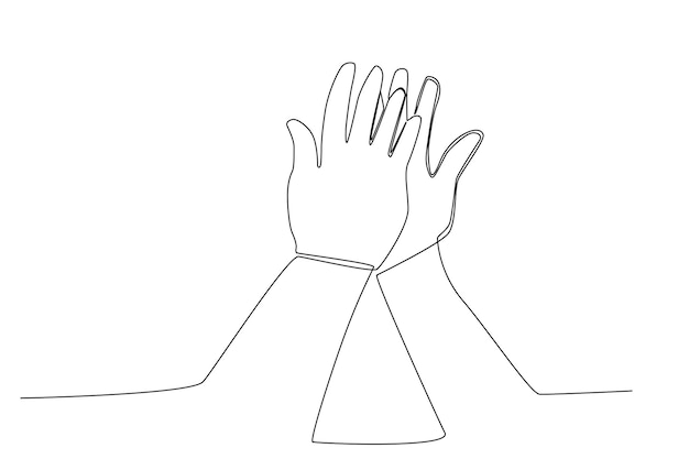 Two hands make a highfive as collaboration illustration one line art