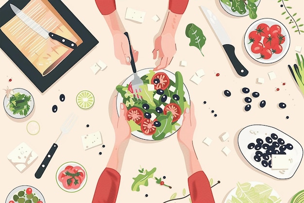 Two Hands Preparing Fresh Green Salad