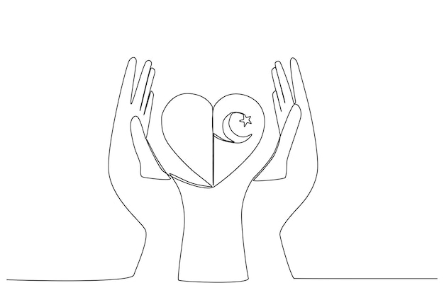 Two hands protecting a heart with Pakistan crescent and star one line art