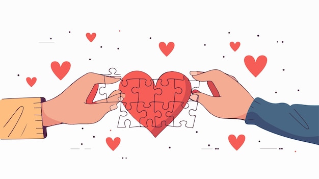 Vector two hands putting together a puzzle with heart valentine