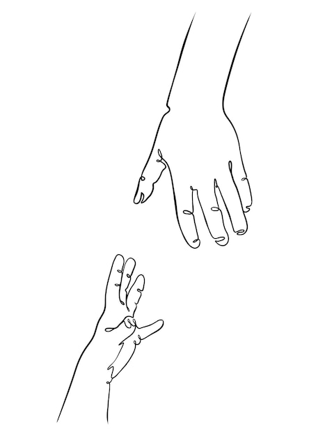 Two hands reaching out one contiguous line on a white background vector illustration