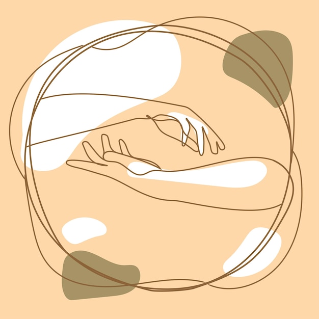 Two hands reaching out one line vector illustration on beige background with abstract organic shapes