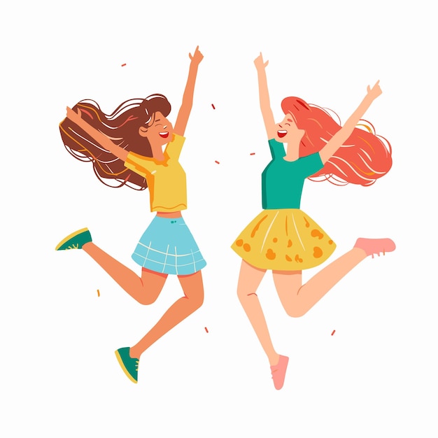 Vector two happy animated girls jumping joyfully celebration bright colors young women cartoon