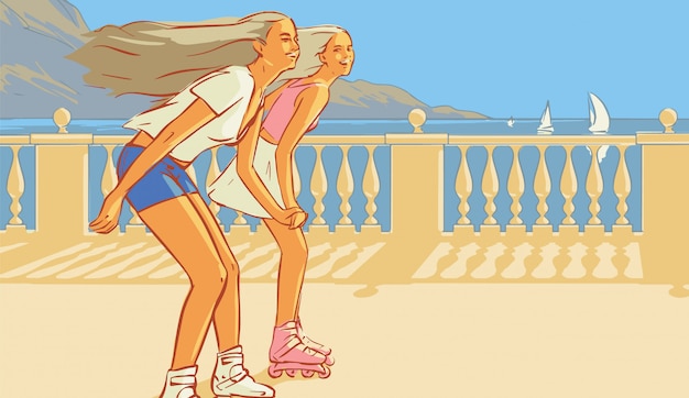 Two happy girls rollerblading on the promenade of sea