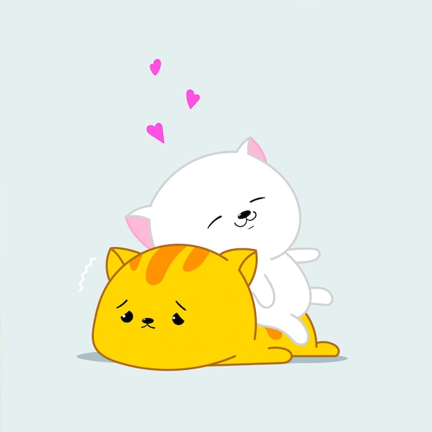 Two happy and loving kawaii cats. Illustration