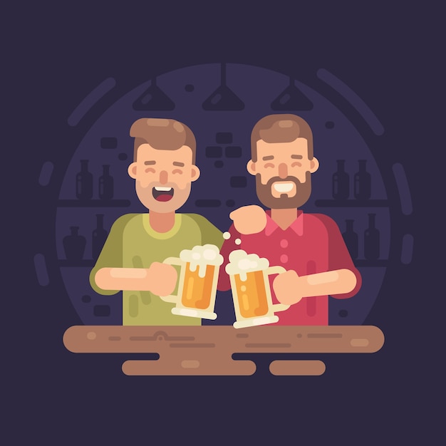 Two happy men drinking beer in a bar flat illustration