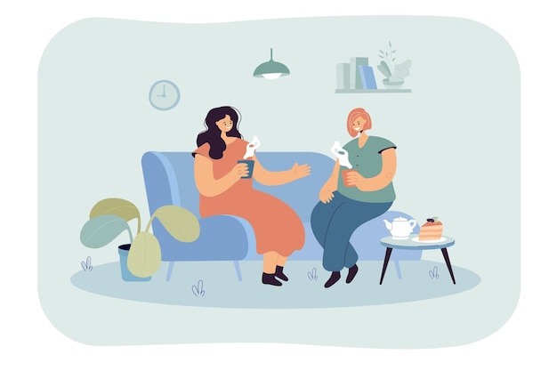 Two happy women sitting on comfy couch with hot drinks. Flat illustration