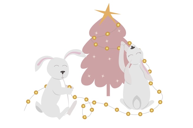 Two hares or rabbits decorate the Christmas tree with an electric garland new year symbol of 2023