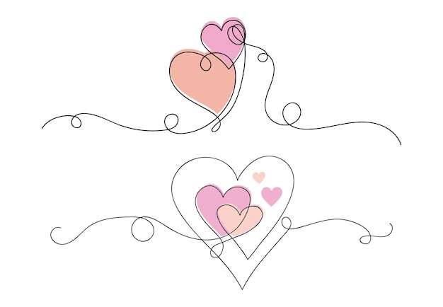 Two hearts continuous one line art drawing valentines day concept heart love couple outline artistic isolated vector illustration