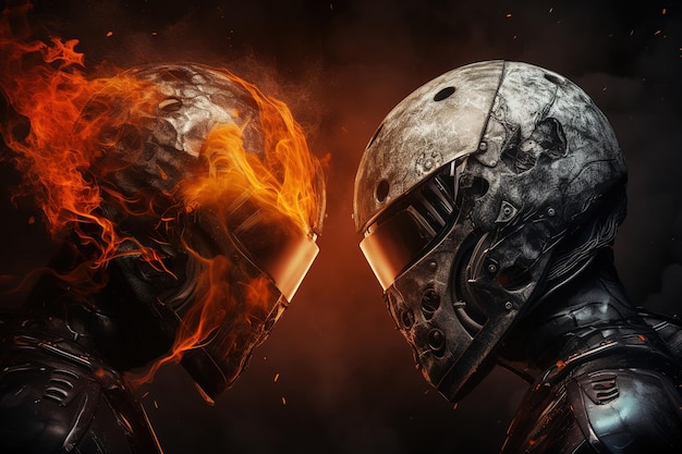 two helmets with flames and a fire in the background