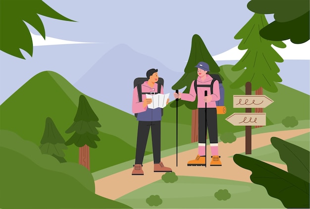 Two hikers are hiking while looking at a map. Hiking trail background.