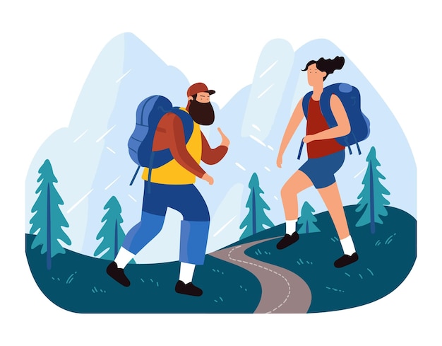 Two hikers trekking mountain path amidst forest scenery man woman hiking backpacks outdoor